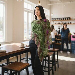 Green Magenta Red White Splotches Poncho Vest Scarf Adjustable Tassel…